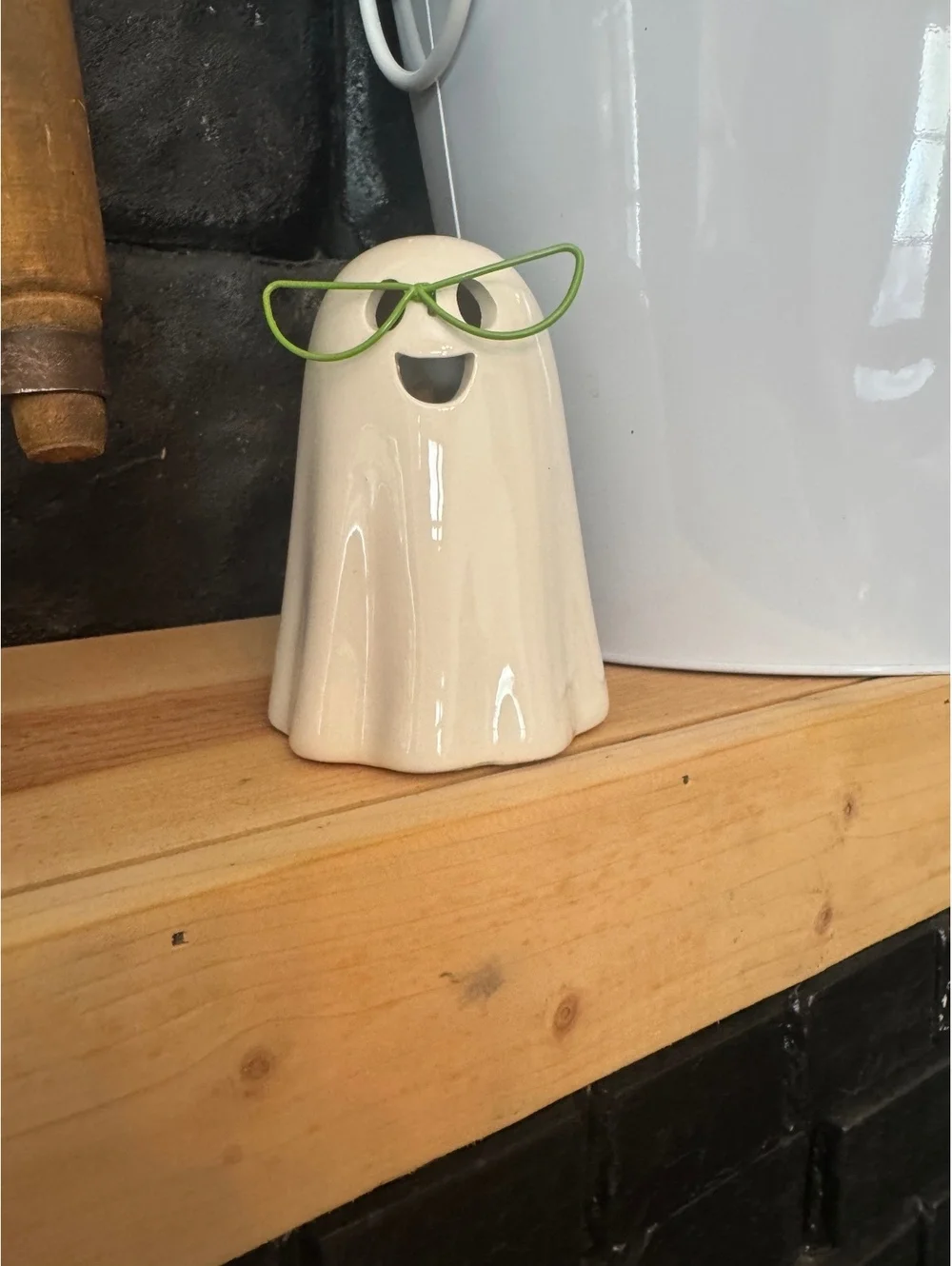 Ceramic Ghost Figurine with Green Glasses Decoration